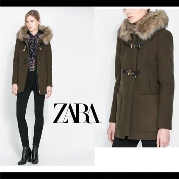 Zara large duffle coat wool fur hood buckles patch pockets women's brown green - Picture 1 of 12